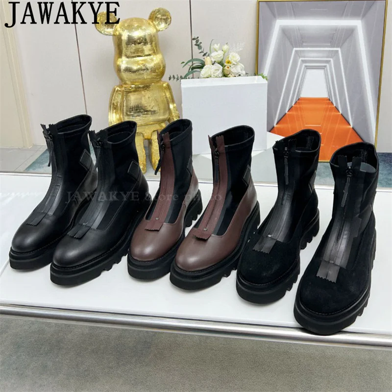 Front Zipper Design Round Toe Thick Bottom Punk Boots Women Real Leather Platform Ankle Boots Winter Fashion Motorcycle Boots