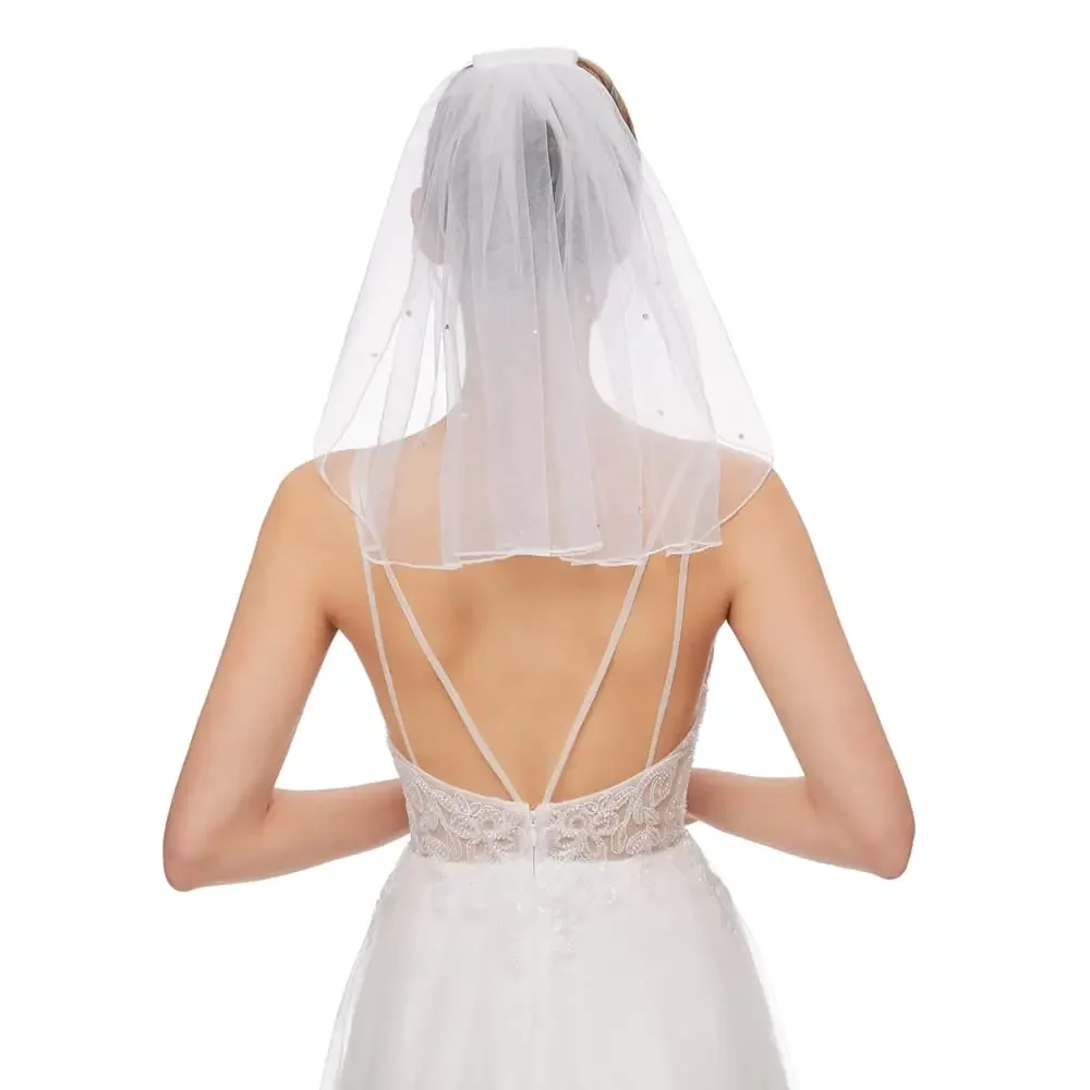 Bridal Wedding Women's Short Veil Rhinestone Tulle for Bachelorette Party 38cm