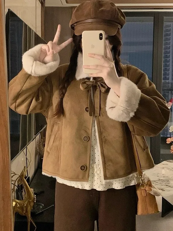 

Милое пальто с бантом из меха и кожи, теплое осенне-зимнее пальто из полиэстера, повседневная верхняя одежда для женщин