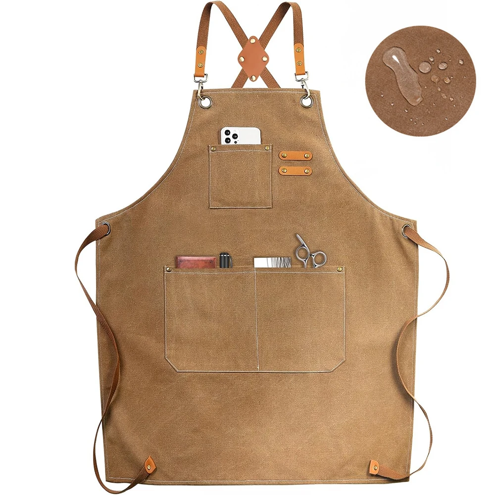 LMETJMA Chef Apron Canvas Cross Back Chef Cotton Aprons for Men Women with Large Pockets Adjustable Kitchen Work Apron For JT310