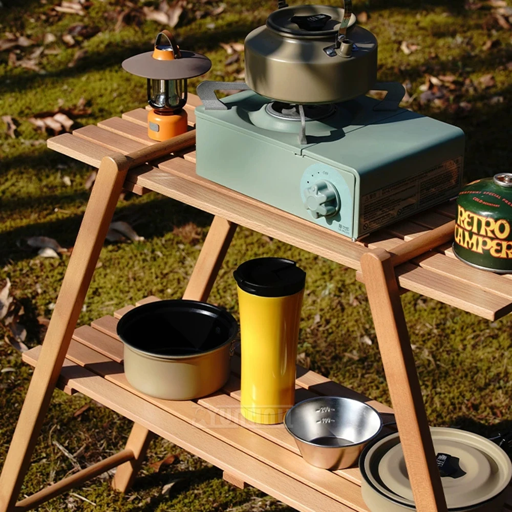Camping Double-Tier Storage Shelf,Outdoor Storage Rack, Solid Wood Triangular Hanging Rack, BBQ and Picnic Storage Rack