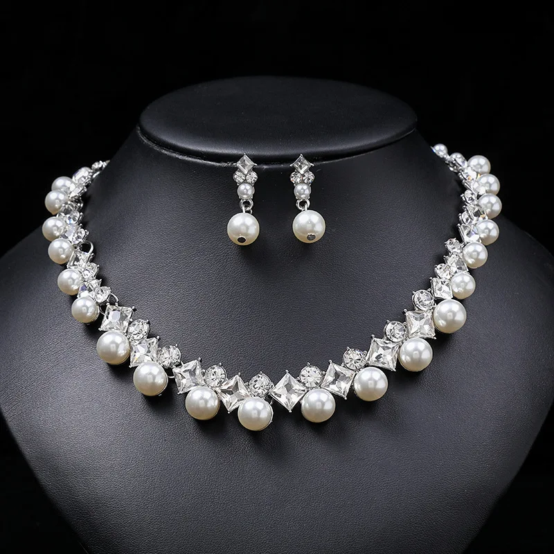 Pearl And Gemstone Necklace Set Female Wedding Necklace Set Alloy
