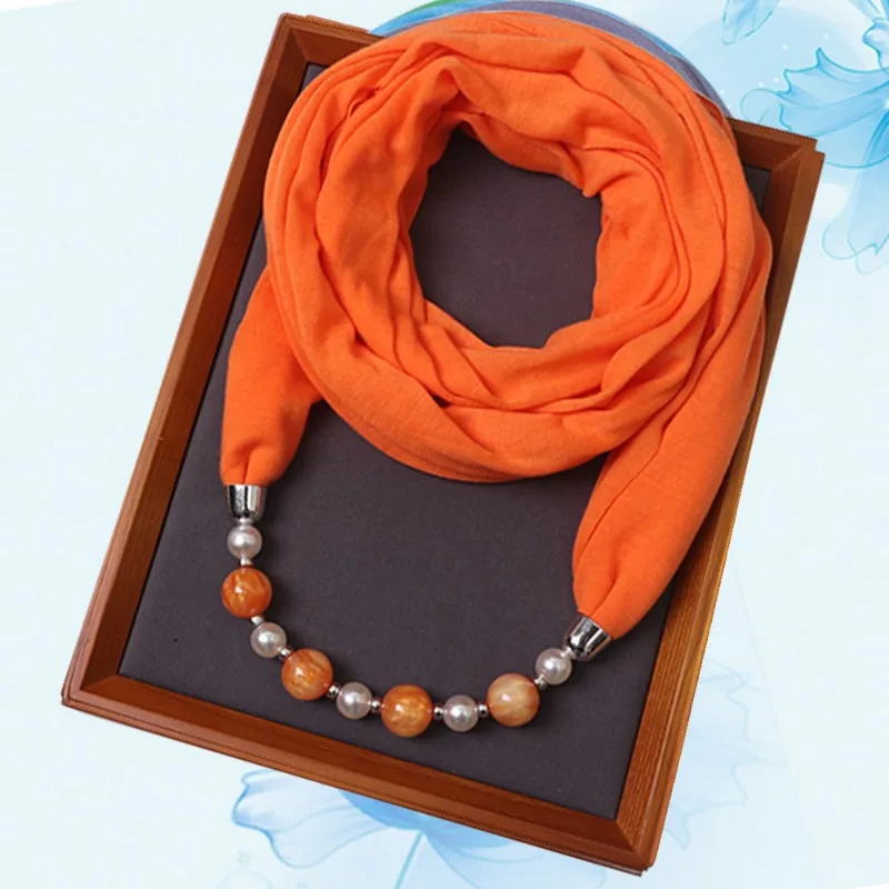 Women Decorative Round Beaded Pendant Scarf Solid Color Neck Wrap Fashion Shawl Scarf