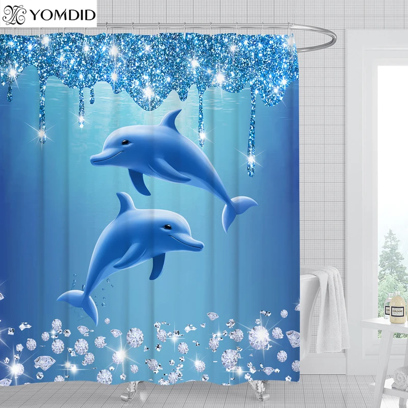 YOMDID 1/4pcs Shining Diamond Dolphin Printed Shower Curtain Set Shower Curtain With Hooks Blue Decorative Bathroom Curtain