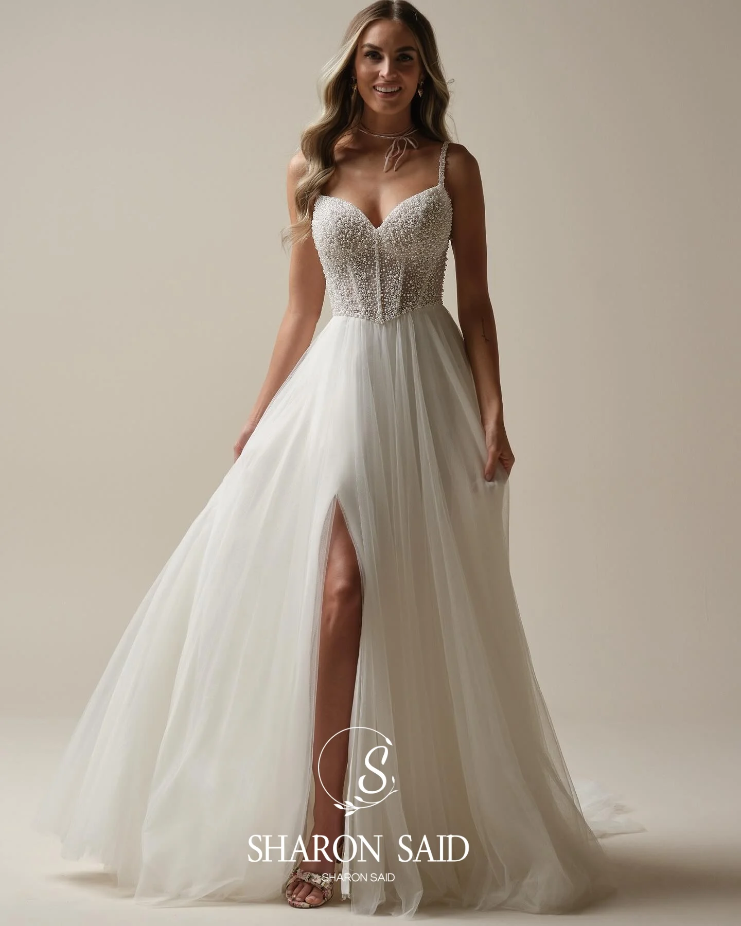 Sharon Said Romantische Spaghetti Band Off White Tule Trouwjurk 2025 A-lijn Sweetheart Parel Bruid Jurken SW153 Aangepaste