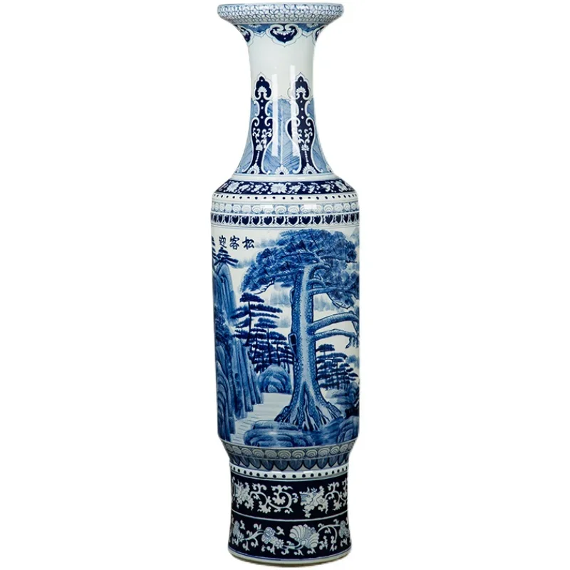 

Jingdezhen Hand-Painted Blue and White Porcelain Landscape Welcome Pine Floor Living Room Ceramics Large Vase Villa Decoration