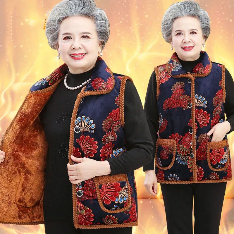 XL-6XL Elderly Women Vest Coat Winter Warm Sleeveless Jacket Female Button Fleece Waistcoat Grandma Thicken Cotton Padded Vests