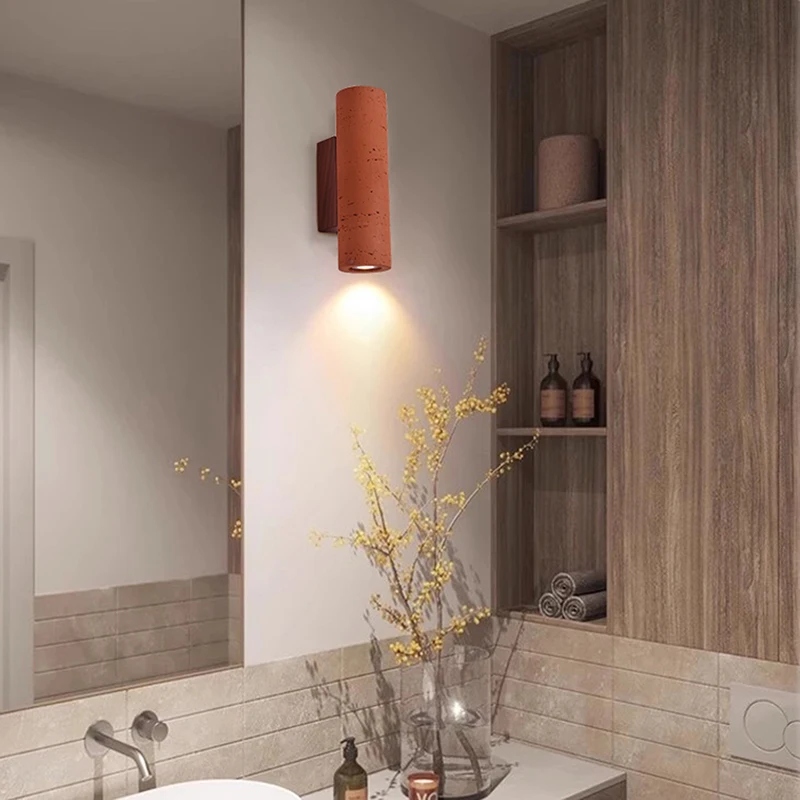 

Vintage Stone Home Decor Coral Red Lamp Bedside Wall Light Corridor Staircase Cylindrical Light