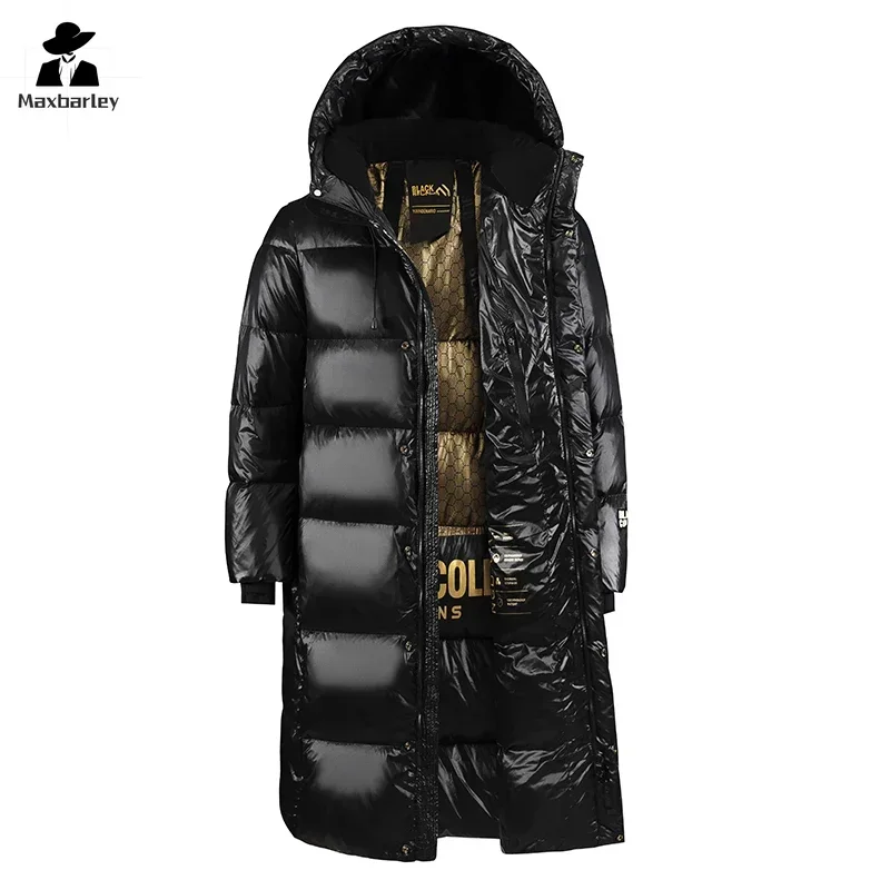 Men's Winter Hooded Down Jacket High-end Black Gold Glossy Ultra Light White Duck Down Coat fashion Long Couple Warm Padded Coat