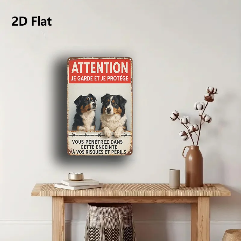 2D Flat, 1pc Australian Shepherd Guard Dog Warning Sign - Heavy-Duty Iron Metal 8x12 Inch (20x30cm) Vintage Border Collin-Like H