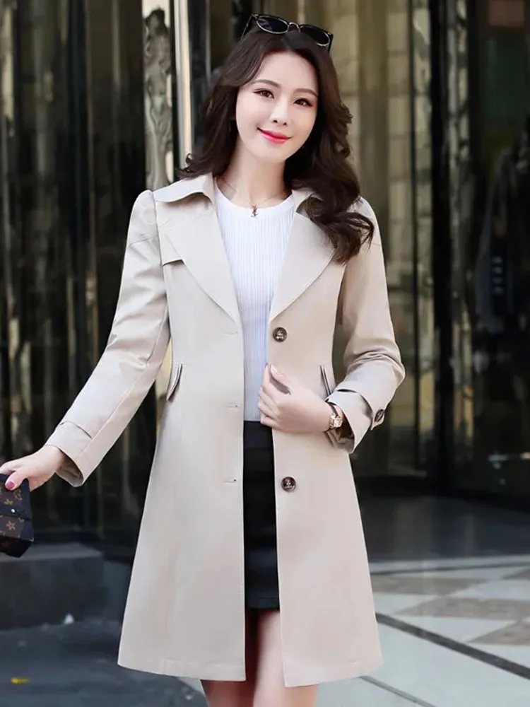 2022 Spring Autumn Khaki Windbreaker Mid-Long Trench Coat Women Single-breasted Slim Trench Coat Female Outwear Fashion