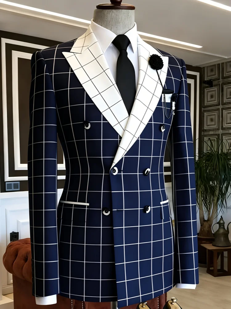 Mens Slim‑Fit Double‑Breasted Blazer White Peak Lapel Windowpane Plaid 3 Pockets Wedding Formal Suit Jacket
