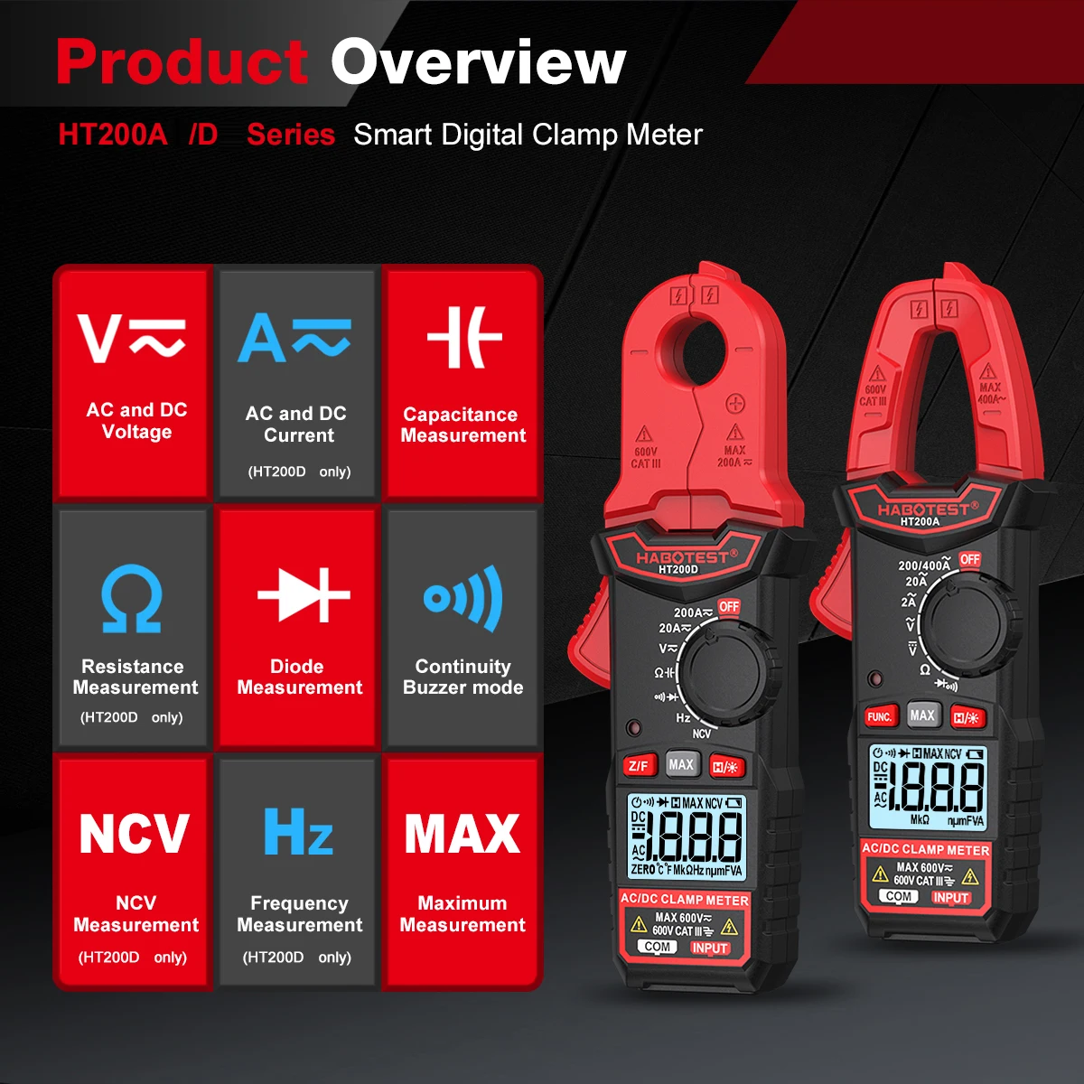 2026 New Upgrade HABOTEST HT200D HT2000A Digital Clamp Multimeter True RMS NCV 2000 Counts 200A 600V AC DC Multimeter Tester