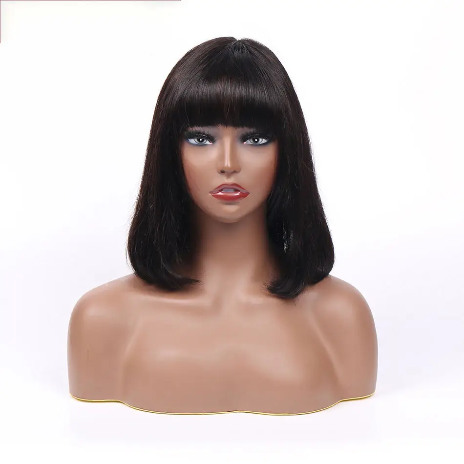 Short Bob Wig With Bangs Full Machine Made 100% Human Hair Wig Top Quality Wigs Silky Straight Brazilian Wigs For Women  On Sale