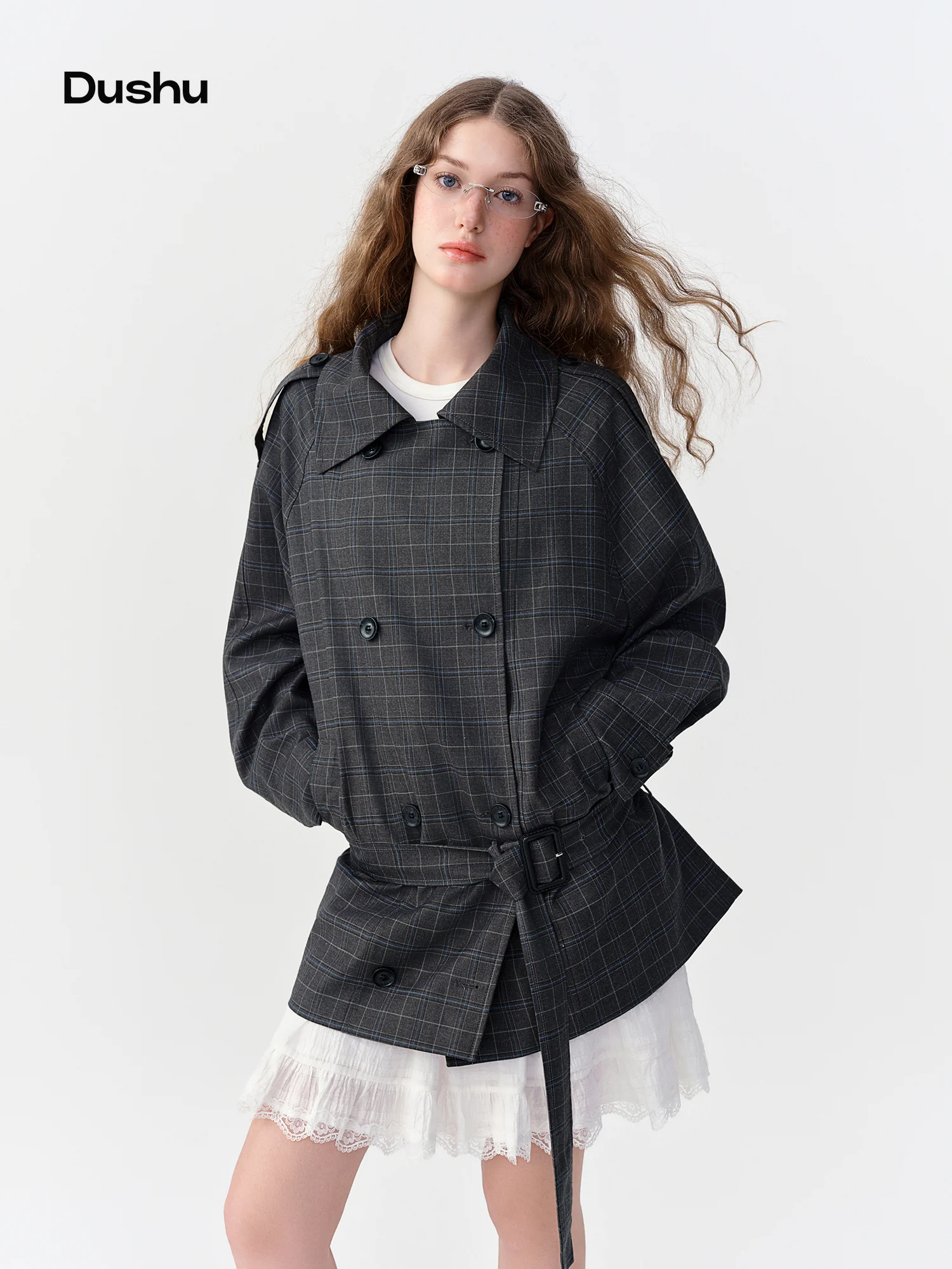 DUSHU 2026 Fall Women's Vintage Plaid Double Breasted Trench Coat - Elegant Timeless British Style for Commute and Daily Wear