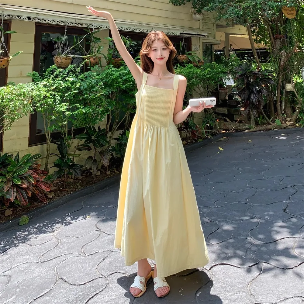 فساتين نسائية بدون أكمام أنيقة لضيف حفل الزفاف الصيف زين مطرزة تجمع Shiring Smocking التدريبات مطرز