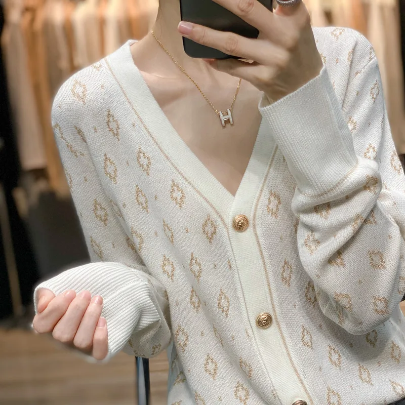 Outono inverno feminino lã mistura camisola fino com decote em v cardigan feminino quente casual malha impressão casaco de fundo confortável topos