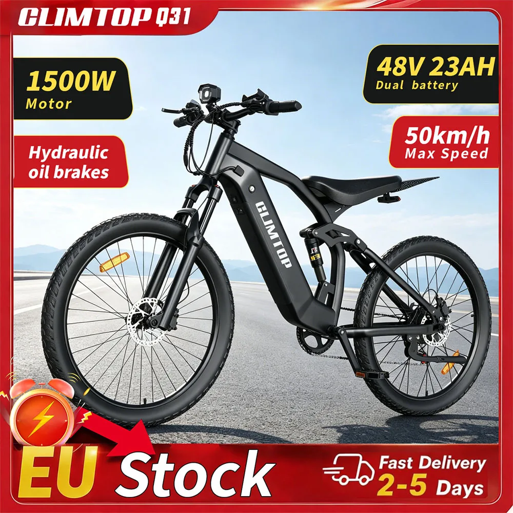 Vélo électrique de montagne CLIMTOP Q31, moteur 1500W, batterie 48V 23Ah, vitesse maximale 50 km/h, pneus 27,5" x 2,8", écran LCD couleur, vélo électrique pour adultes
