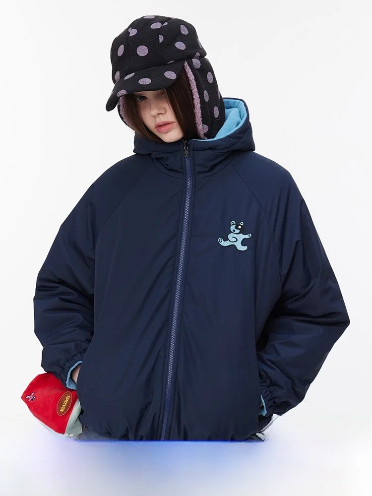 

TIPSEVEN Original Design Casual Embroidered Zipper Two-Way Wear Fce Cotton Jaet Hooded Streetwear Sle Winter Coat