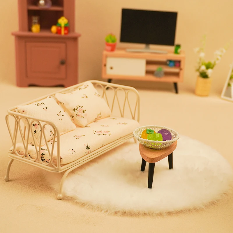 1:12 Scale Miniature Sofa Set – Openwork Green Leaf Backrest Design / Handcrafted Metal Workmanship, Dollhouse Furniture Decor
