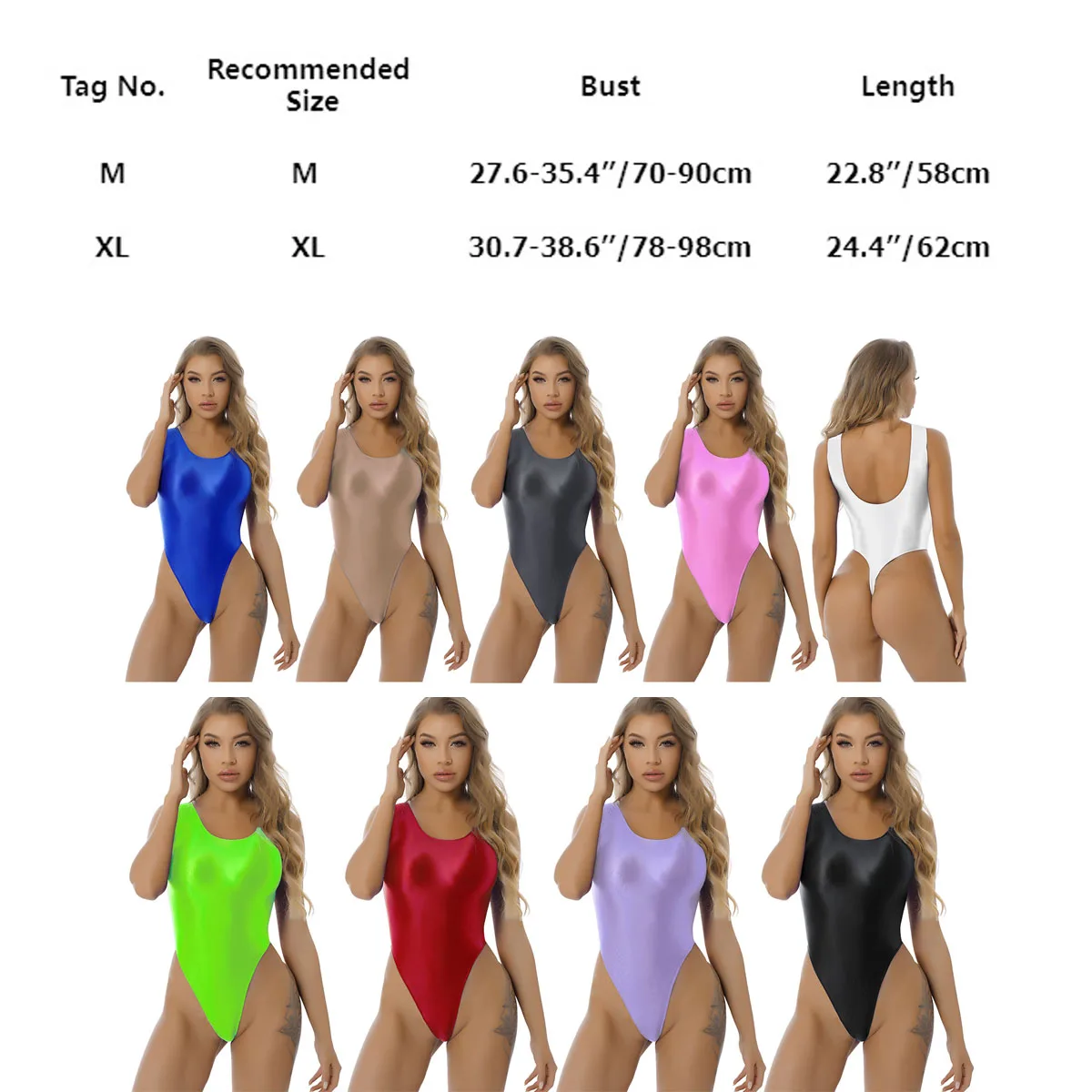 Women Sexy High Cut Bodysuit Oil Glossy Thong Leotard One-piece Swimsuit Swimwear Sleeveless Stretchy Tights Bathing Suit