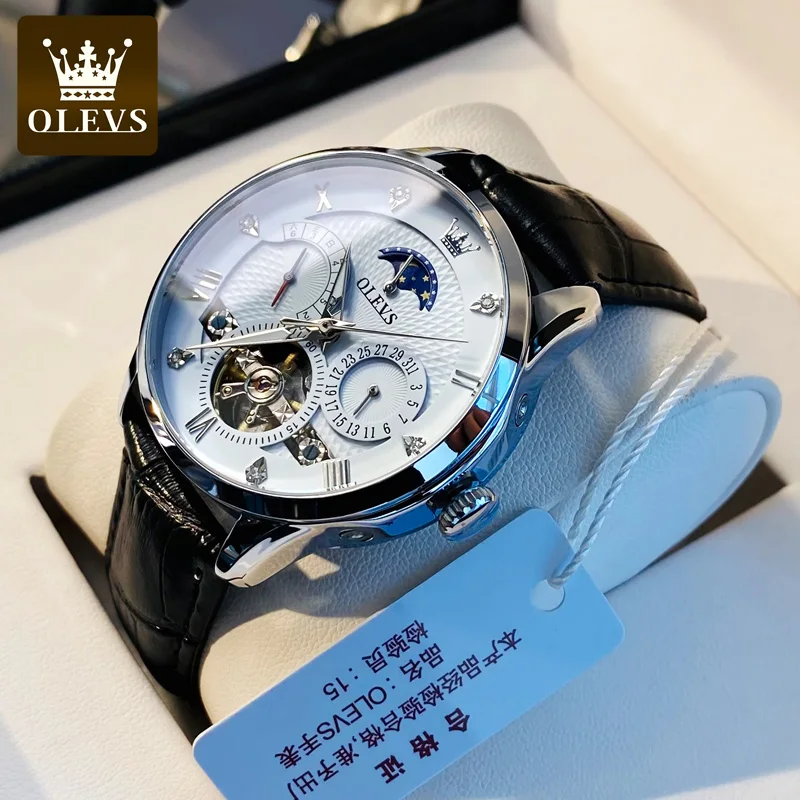 OLEVS Men's Watches Business Skeleton Automatic Mechanical Wristwatch Waterproof Leather Calendar Date Watch for Man New Arrival