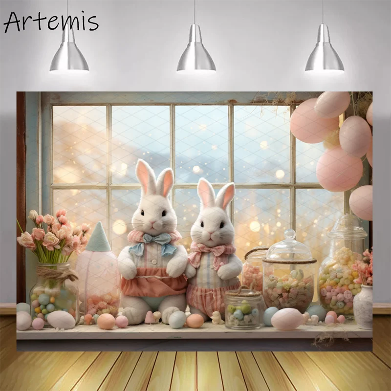 Easter Photography Backdrop Easter Decoration Bunny Lively Festive Atmosphere Lovely Kids Birthday Portrait Photo Background