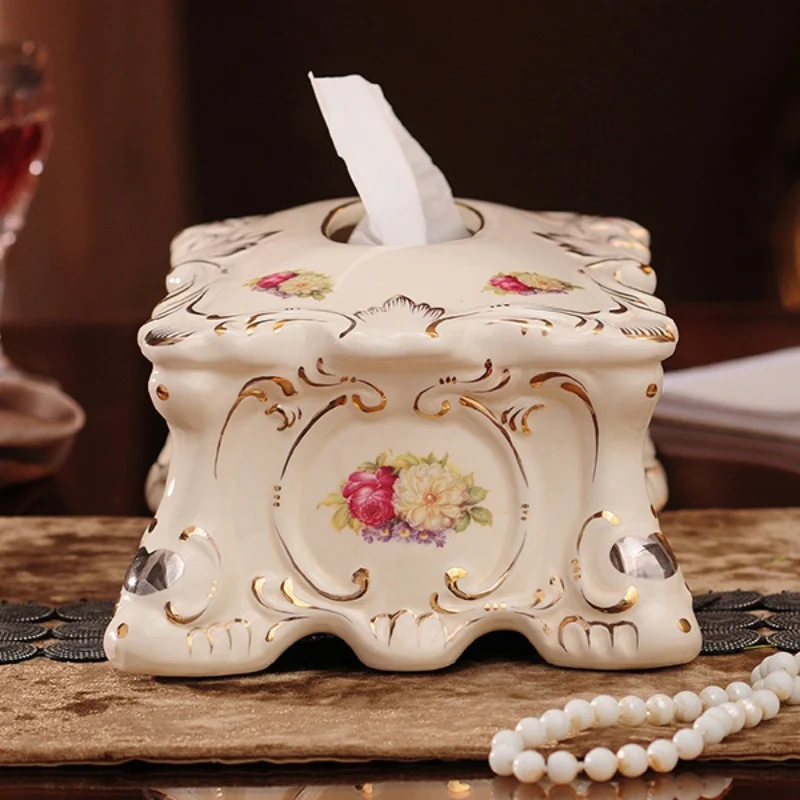 Ceramic Ttissue Box/European Style Floral Pattern Paper Box/Creative Home Napkin Paper Case,/Living Room Coffee Table Storage C view 3