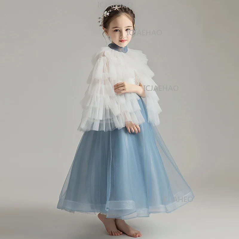 Kids Formal Tutu Piano Performance Flower Girl Wedding Children Blue Evening Gown Princess Dress Girls Elegant Fashion Costume