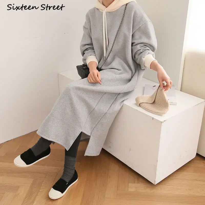 Autumn Gray Hooded Dress Women Fall Loose Long Vestido Ladies Harajuku Style Patchwork Womens Clothing Winter