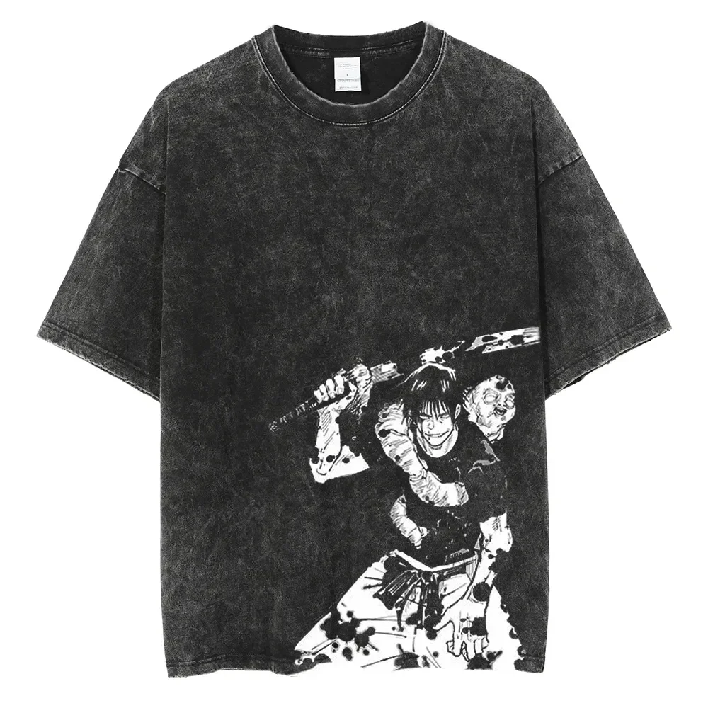

Rebel Country Anime T Shirt Men Vintage Washed Cotton Short Sleeve Tops 2025 Summer Streetwear Graphic Tees Samurai Warrior Ink