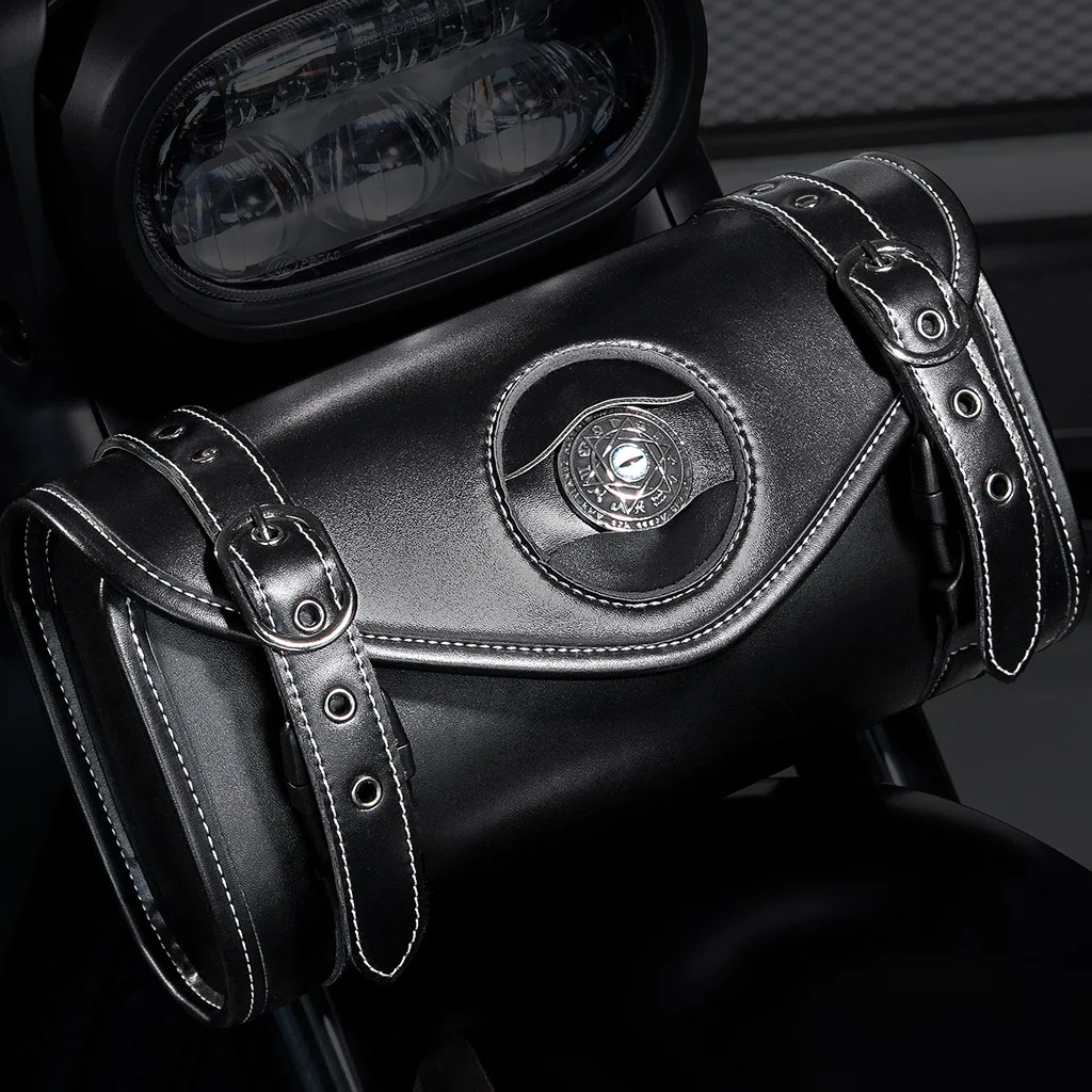Cylinder motorcycle side bag with detachable shoulder strap and front-mounted tool storage compartment