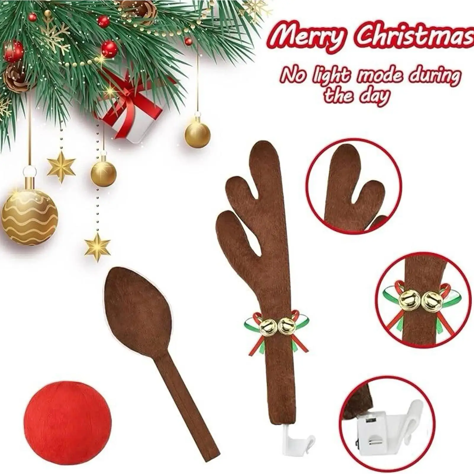 قرون الرنة سيارة مع ذيل الأنف تضيء زينة عيد الميلاد للسيارات شاحنة سيارة SUV سقف النافذة الخارجية #5