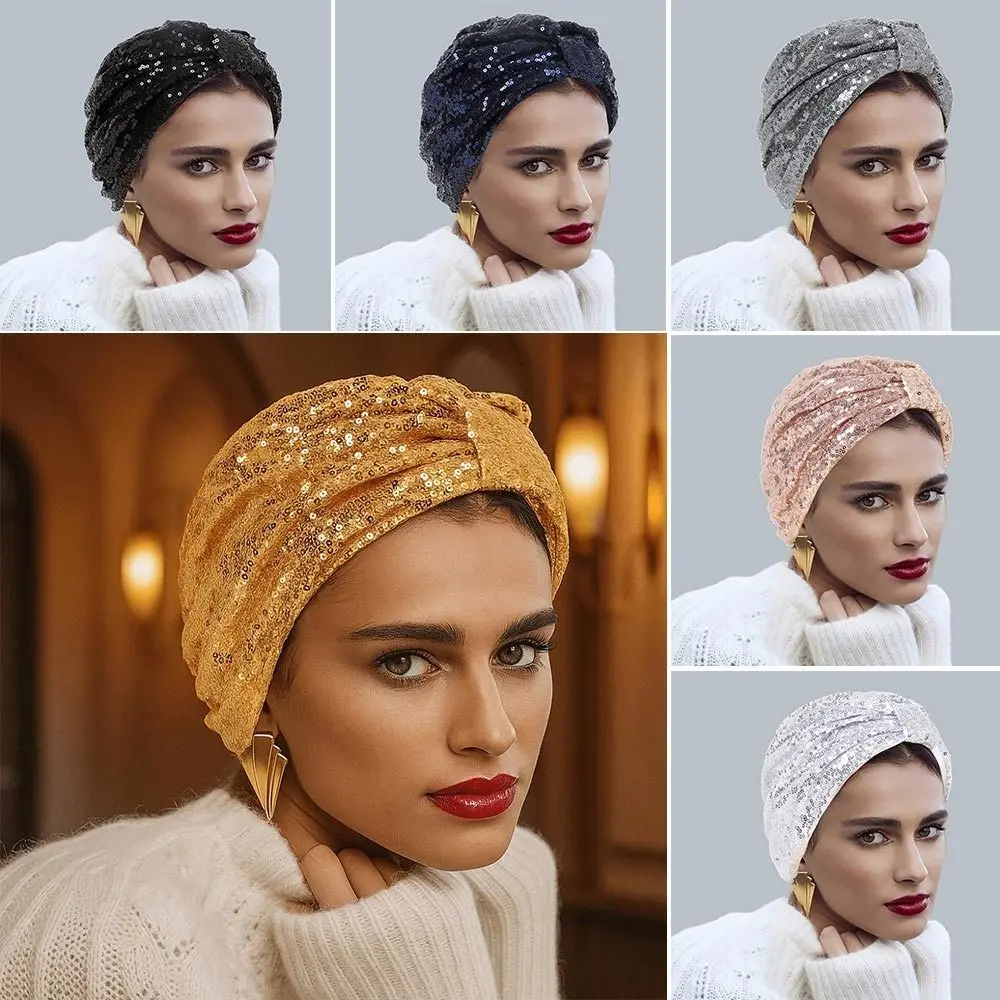 Elegante berretto turbante musulmano con paillettes Ramadan Copricapo tinta unita Cappello Hijab Copricapo da donna Avvolgente per la testa da donna