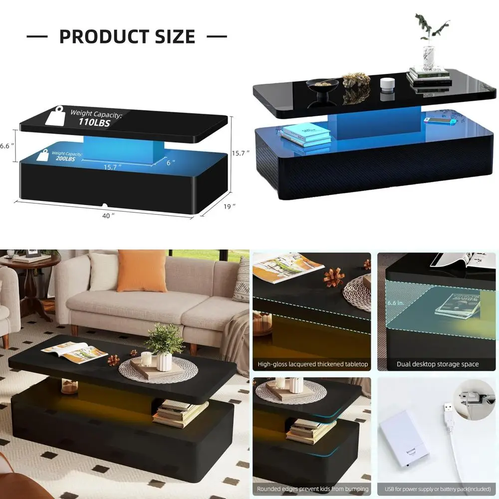 Modern Living Room Coffee Table with LED, Rounded Edges, 16 Color Options, Glossy 2-Level Design, Concealed Power Supply
