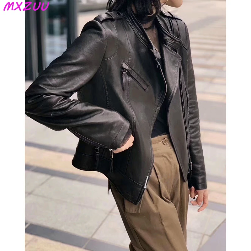 Leather Coat Women Short All-match European Fashion Biker Genuine Sheepskin Black Jackets Zipper Pocket Jaqueta Couro Feminina