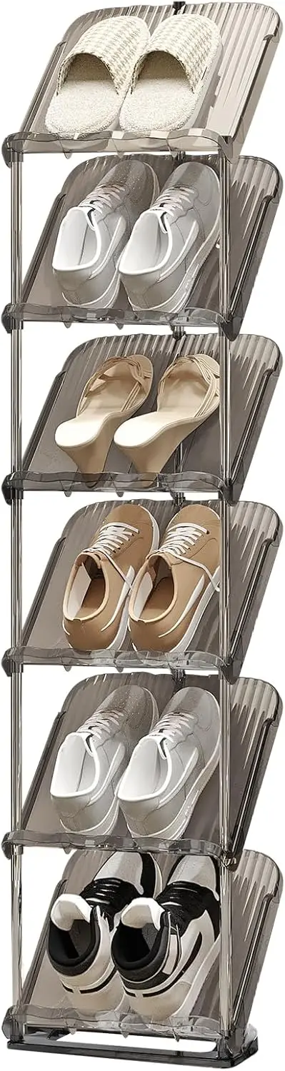 Vertical Narrow Shoe Rack, 6-Layer Transparent Slim Shoe Shelf for Entryway, Corner Storage Organizer, Grey