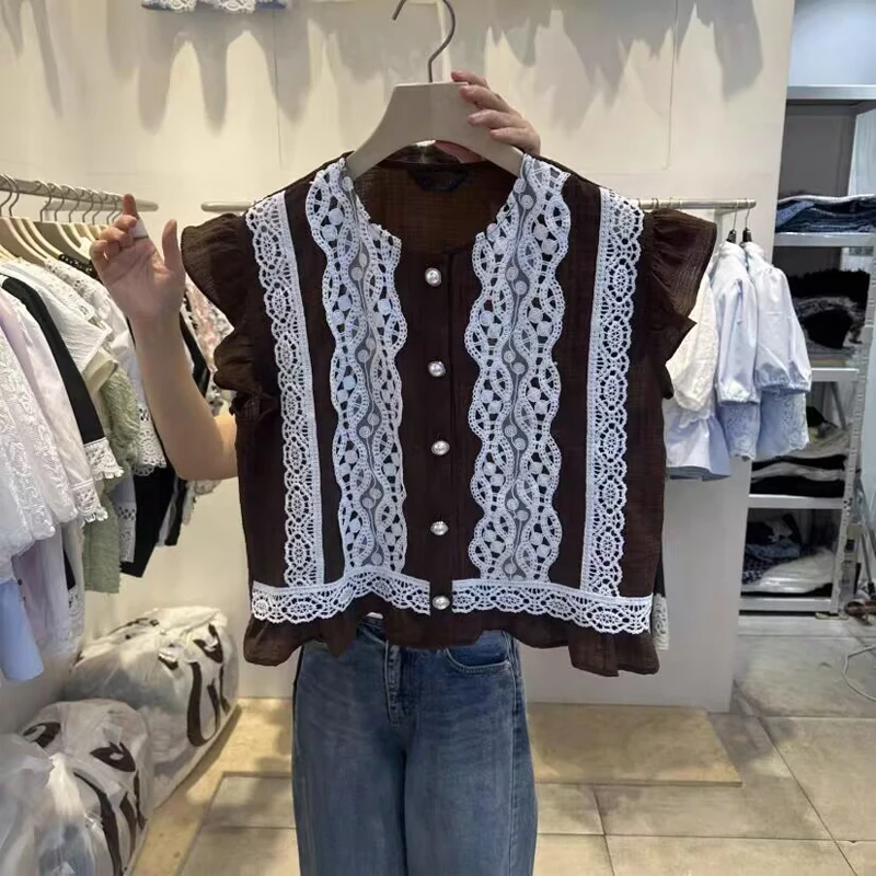 

Loose Sleeveless Women's Shirt Lace Trim Splicing Summer New Korean Style Flying Sleeve Breathable Comfortable round Neck Button