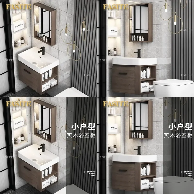 For Solid Wood Bathroom Vanity Cabinet with Ceramic Integrated Basin Side Storage Modern Washbasin Unit for Home Bathroom