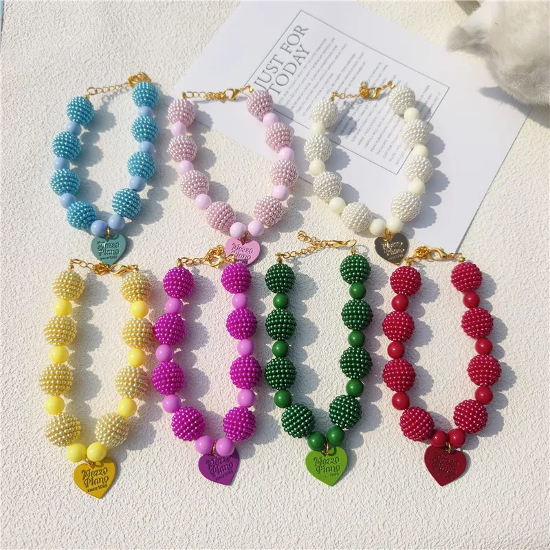 High Quality Yangmei Beads Dog Collar Alloy Peach Heart Pendant Elastic Line Adjustable Neck Necklace for Puppy Cats Accessories