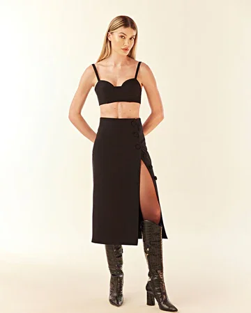 Women’s High‑Waist Black Pencil Skirt Midi Length with Side Slit Vertical Button Detail Fashion Office Wear Trendy Summer