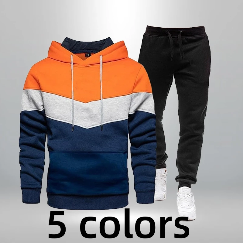 

New Men's Sports Set Autumn and Winter Long sleeved Men's Tri color Combination Sweater and Sports Pants Jogging Set Fashion Set