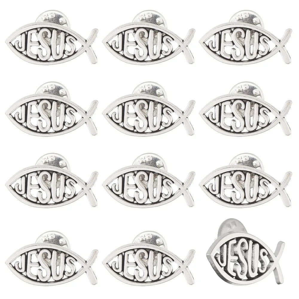 12 broches de aleación con forma de pez y letras para mochilas y ropa, plateados, 29.5x14mm