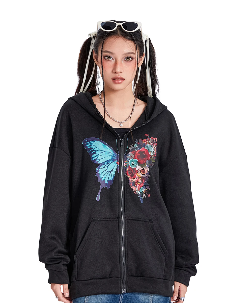 

Women Men Oversized Zip Up Hoodie Fashion Long Sleeve Graphic Print Sweatshirt Streetwear