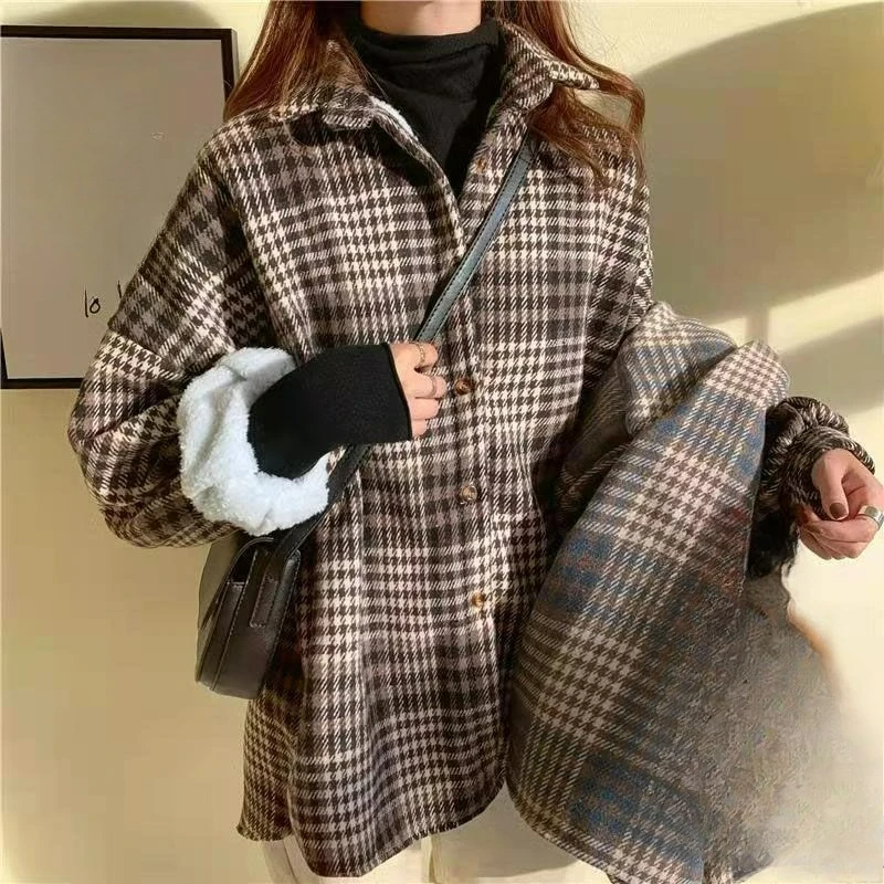 

Autumn and Winter New Plaid Shirt Jacket for Women Long Sleeve Loose Warm Shirt