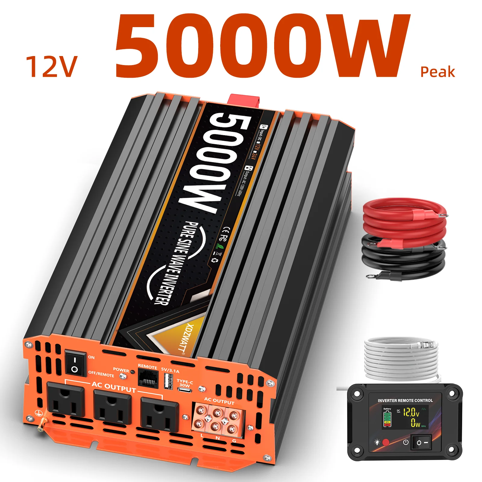 2000 واط 5000 واط الذروة 12 فولت 24 فولت موجة جيبية نقية عاكس الطاقة مع جهاز التحكم عن بعد شاشة الكريستال السائل USB نوع-C حماية متعددة ل RV #1