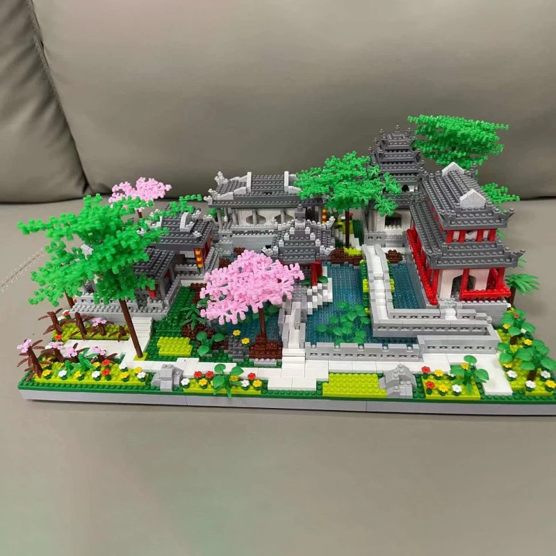 LJ 801 Ancient Architecture Yard Garden Pavilion Temple Lake Tree 3D Mini Diamond Blocks Bricks Building Toy for Children No Box