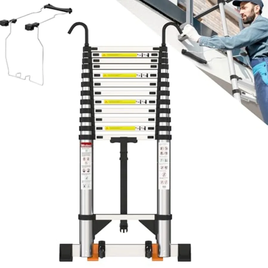 Telescoping Ladder 16.5 FT Aluminum Portable Extension Ladder w/Hooks Wheels Heavy Duty 330lbs Max Capacity Silver