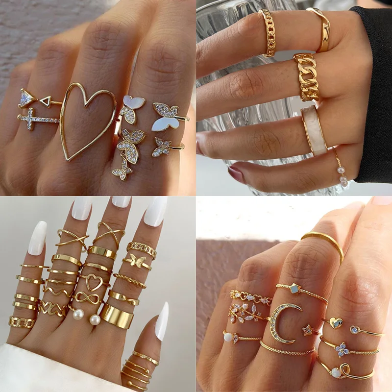 Boho Zircon Butterfly Rings Set Women Charms Gold Color Crystal Love Heart Moon Arrow Flower Pearl Ring Christmas Jewelry Gifts