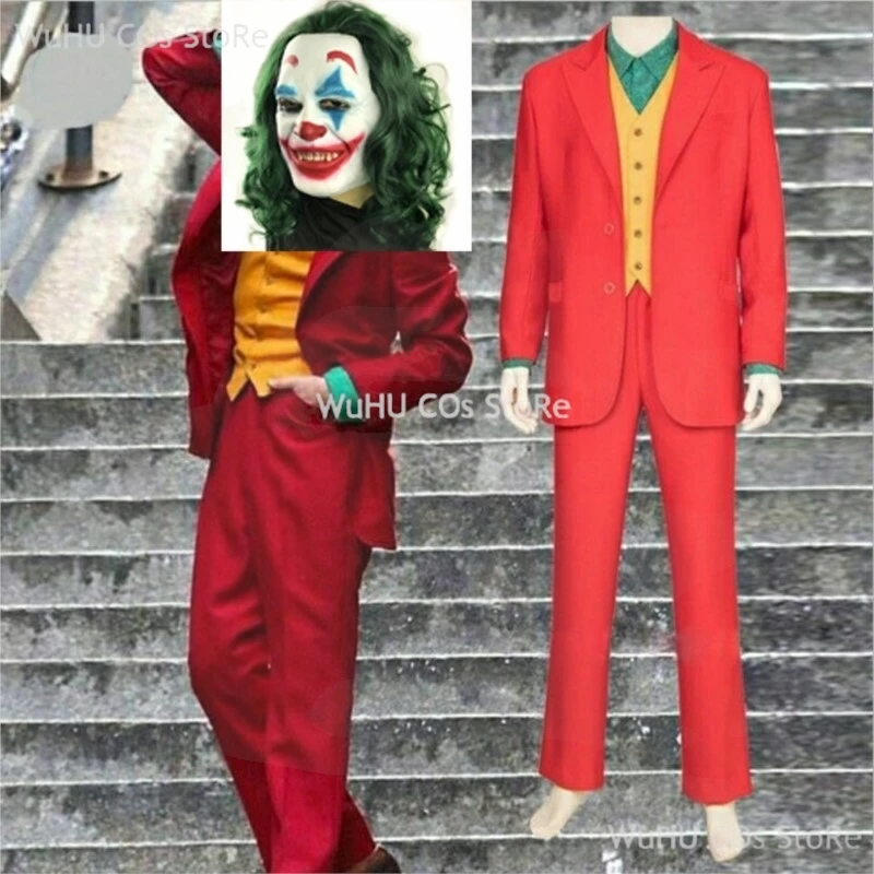 Halloween Joker Arthur Fleck Cosplay Costume Clown Red Suit Adult Jokers Green Wig Size Customable Uniform Set for Men Woman